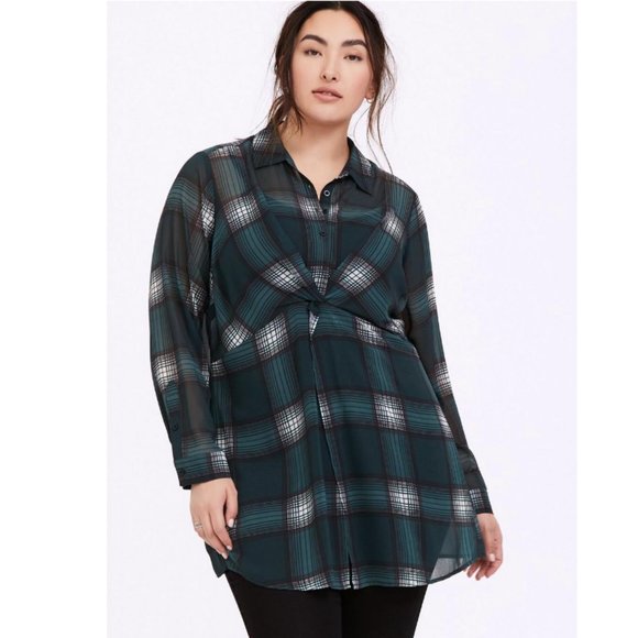 torrid Tops - Torrid Plaid Chiffon Twist Front Tunic Shirt Women's Size M/L